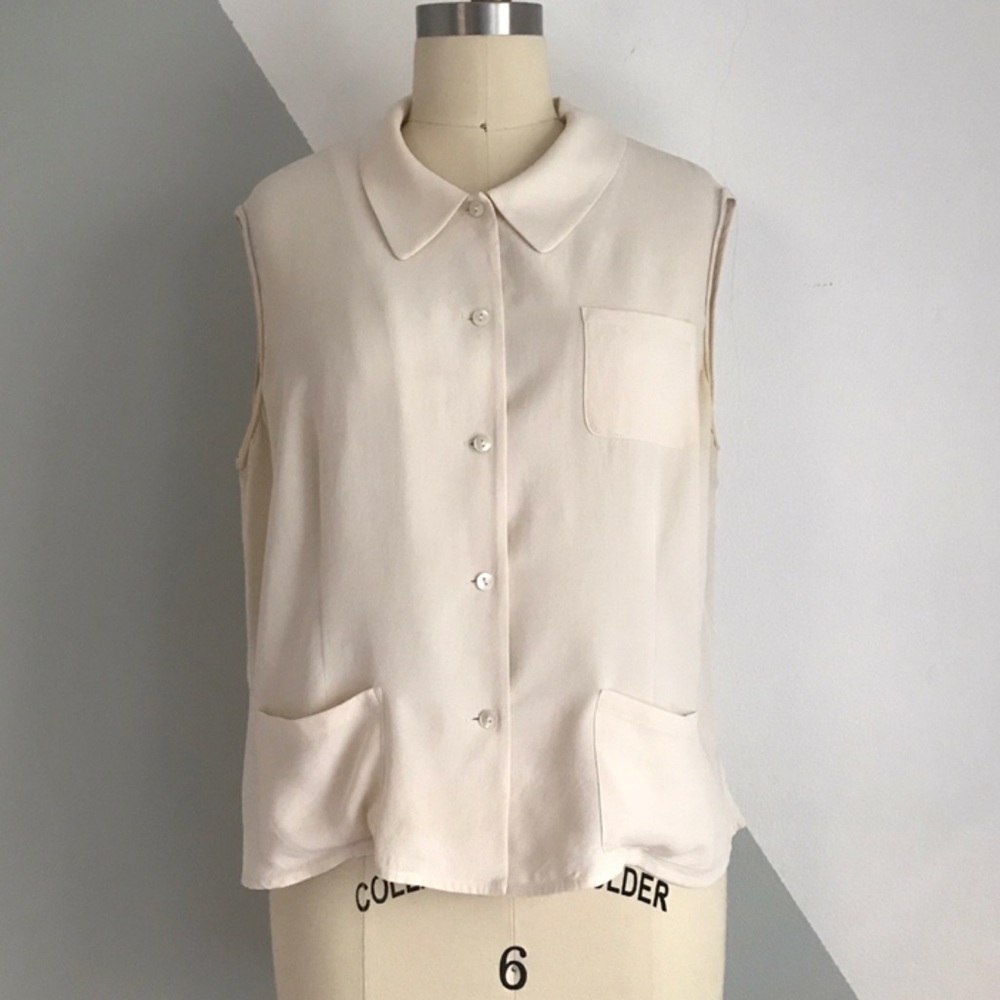 ⋒ DKNY 100% Silk Button Up Collared Tank Top